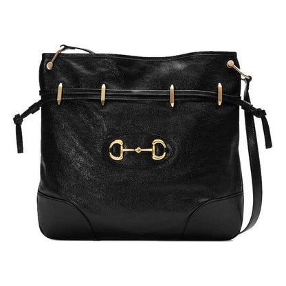 (WMNS) GUCCI Horsebit 1955 Retro Gold buckle Leather Drawstring Shoulder Messenger Bag Black 602089-1IV0G-1000