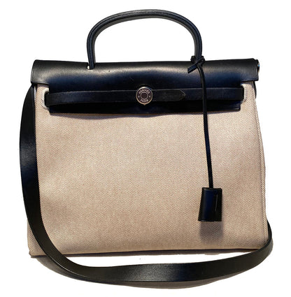 Hermes Black and Beige Canvas Herbag Tote