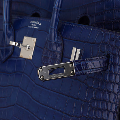 Hermes Limited Edition Birkin 25 Bag Sellier Indigo Aizome Porosus Crocodile with Palladium Hardware