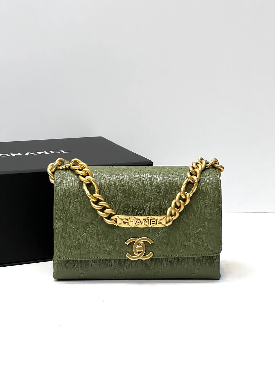 Chanel Logo Chain Flap Bag green