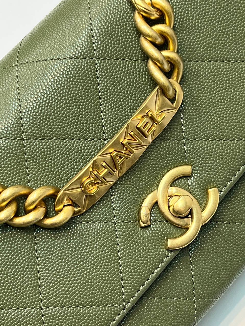 Chanel Logo Chain Flap Bag green