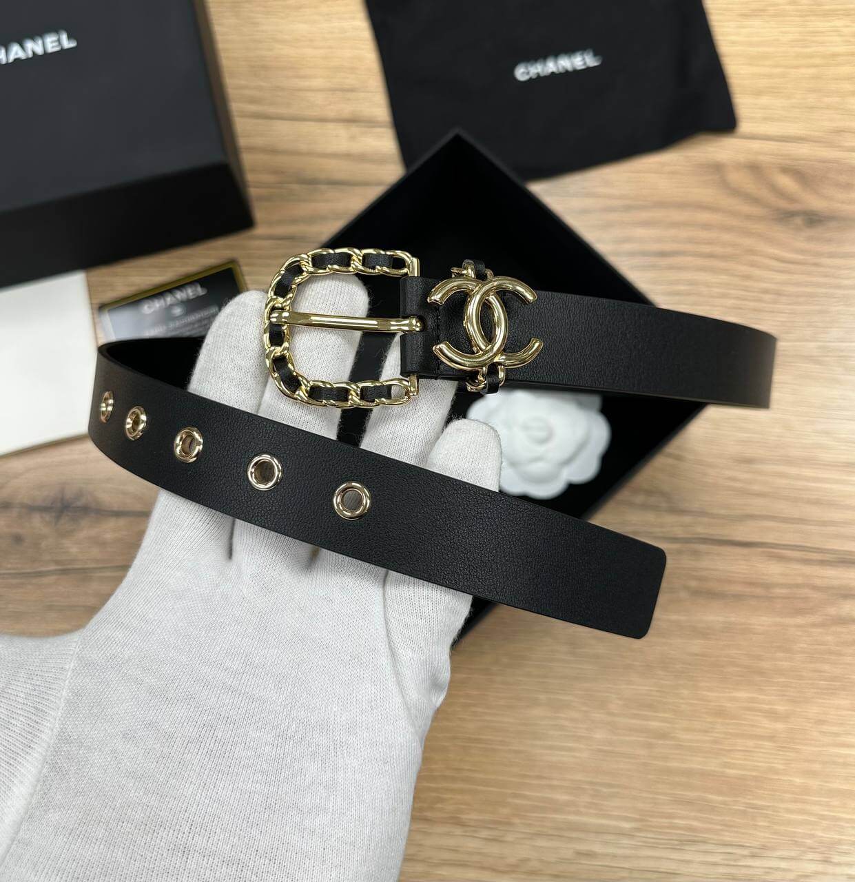 Chanel belt Calfskin & Gold-Tone Metal Black