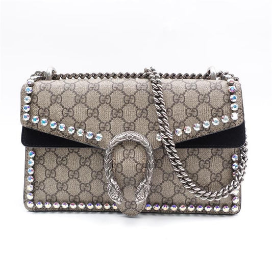 Gucci Dionysus Brown Coated Canvas Shoulder Bag with Chain Strap and Rhinestone Detail Medium