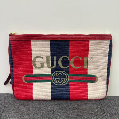 Gucci Canvas Leather Clutch Red, White, Blue Stripes 8"x11" Zipper Closure Clutch Bag.