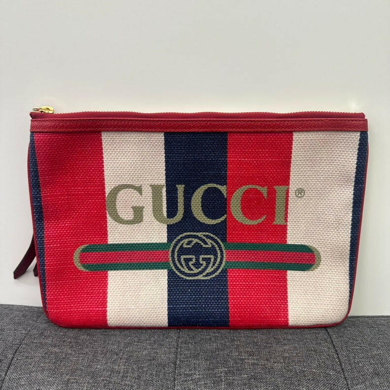 Gucci Canvas Leather Clutch Red, White, Blue Stripes 8"x11" Zipper Closure Clutch Bag