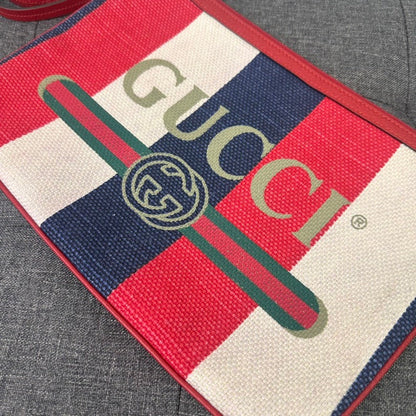 Gucci Canvas Leather Clutch Red, White, Blue Stripes 8"x11" Zipper Closure Clutch Bag