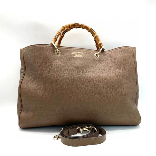 Gucci Brown Leather Bamboo Handle Bag with Detachable Strap, Large Size