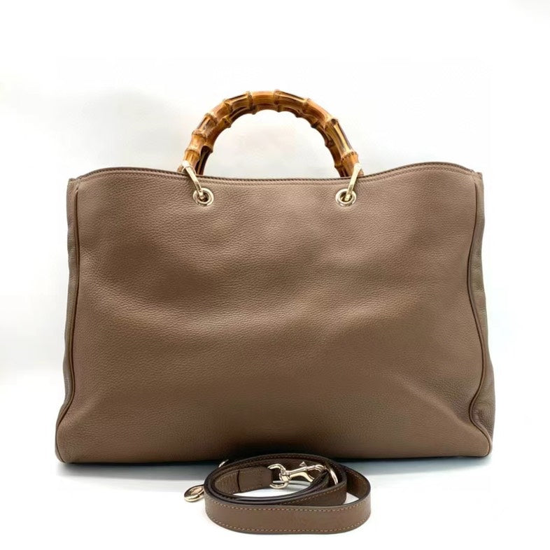 Gucci Brown Leather Bamboo Handle Bag with Detachable Strap, Large Size