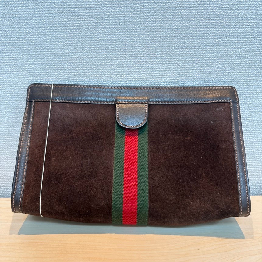 Gucci Brown Suede Clutch with Green and Red Stripe, Medium Size