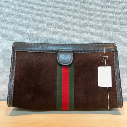 Gucci Brown Suede Clutch with Green and Red Stripe, Medium Size