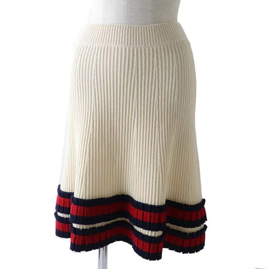 Gucci Beige Wool Pleated Skirt with Red and Navy Stripes - Size Medium