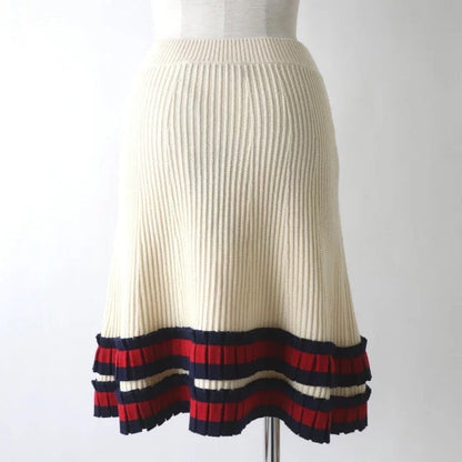 Gucci Beige Wool Pleated Skirt with Red and Navy Stripes - Size Medium