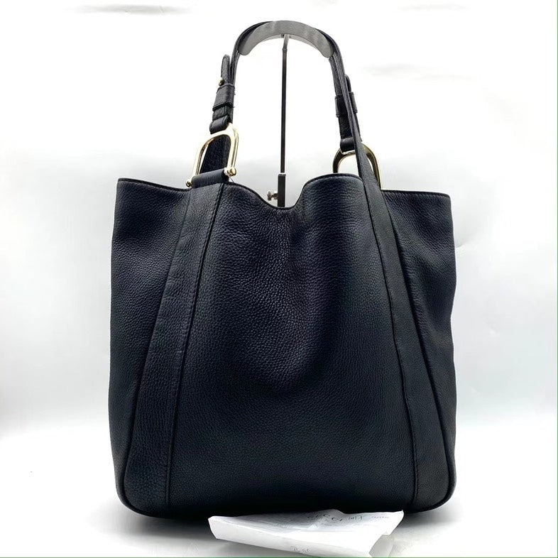 Gucci Black Leather Tote Bag With Gold Accents - Large Size