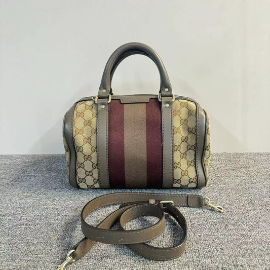 Gucci Boston Beige And Burgundy Canvas Leather Trim Two-Way Bag Medium