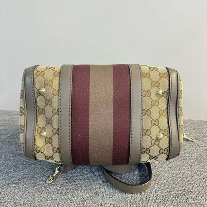 Gucci Boston Beige And Burgundy Canvas Leather Trim Two-Way Bag Medium