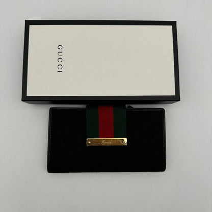 Gucci Black Canvas Leather Wallet with Red Green Stripe Closure Standard Size