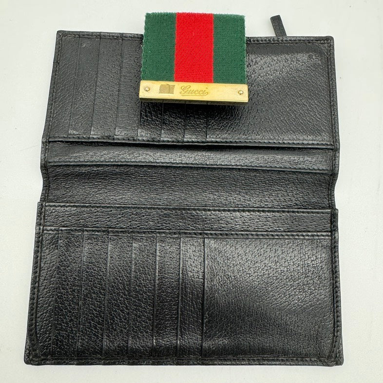 Gucci Black Canvas Leather Wallet with Red Green Stripe Closure Standard Size