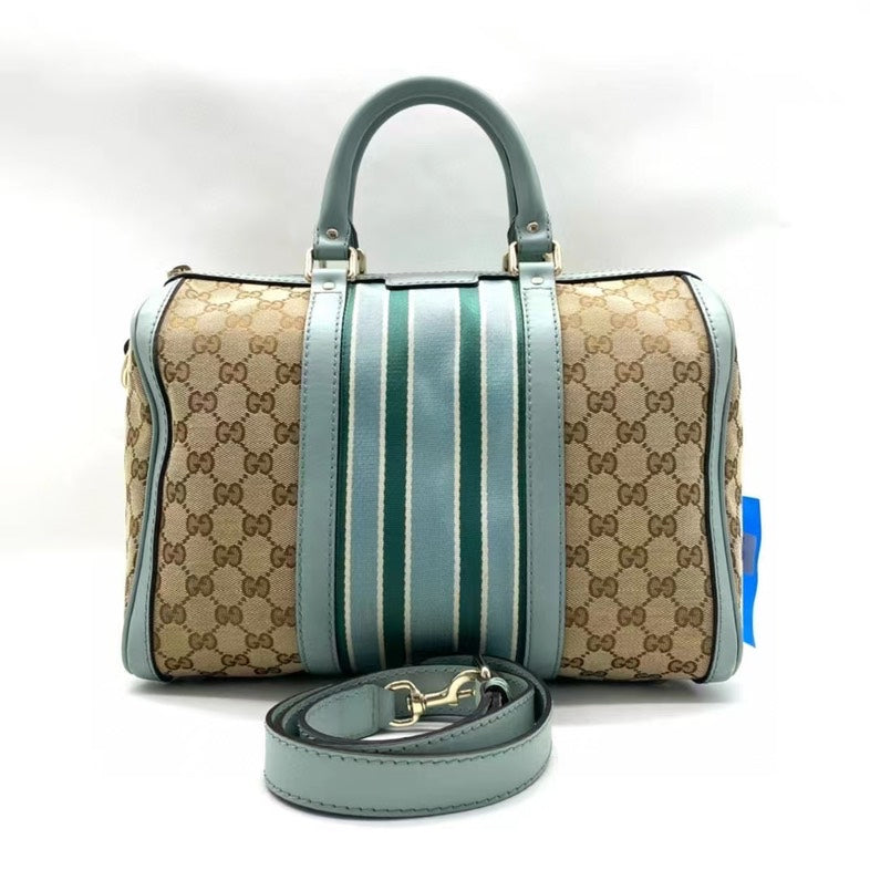 Gucci Boston Beige Blue Monogram Canvas Leather Stripe Shoulder Bag Large