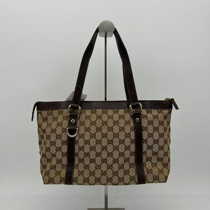 Gucci Canvas Leather Monogram Shoulder Bag Brown Medium Size