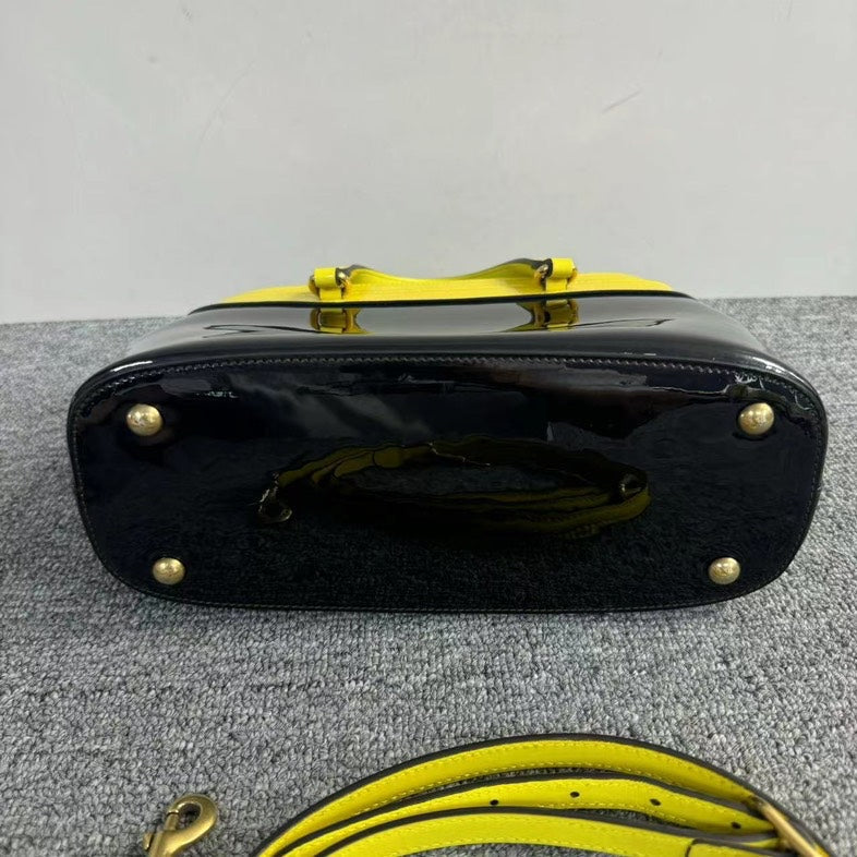 Gucci Black And Yellow Patent Leather Two Way Bag Medium Size