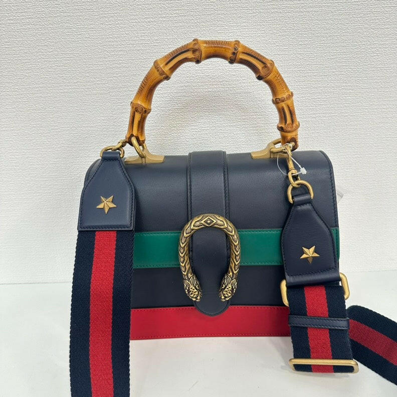 Gucci Dionysus Bamboo 2way Leather Bag - Black/Green/Red, Medium HandBag with Gold Hardware.