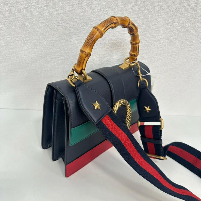 Gucci Dionysus Bamboo 2way Leather Bag - Black/Green/Red, Medium HandBag with Gold Hardware