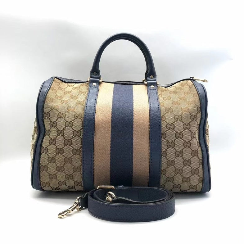 Gucci Boston Beige Blue Canvas Leather Two-Way Bag Medium Size