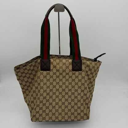 Gucci Canvas Tote Bag Beige Red Green Handle Medium