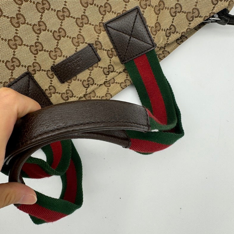 Gucci Canvas Tote Bag Beige Red Green Handle Medium