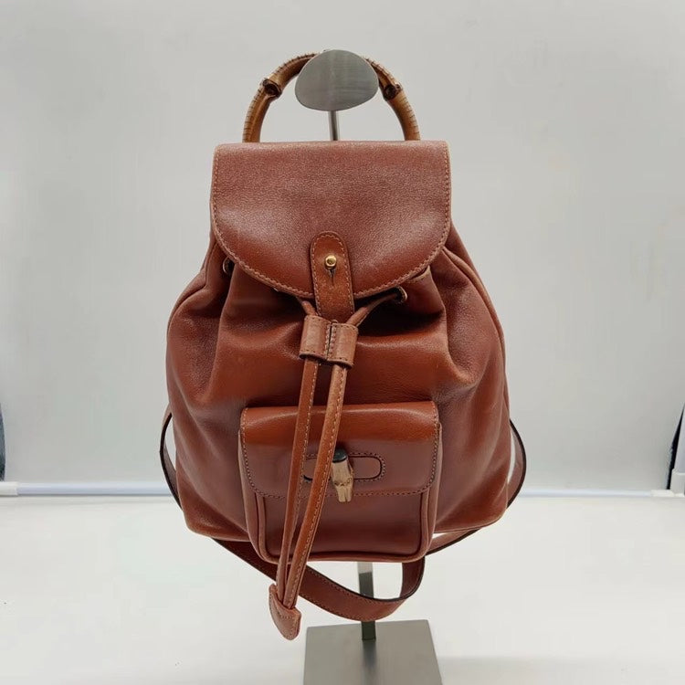 Gucci Brown Leather Bamboo Handle Backpack Medium