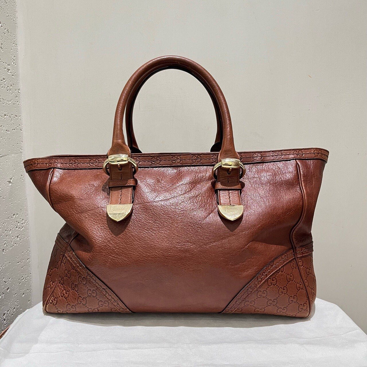 Gucci Brown Leather Monogrammed Tote Bag Large