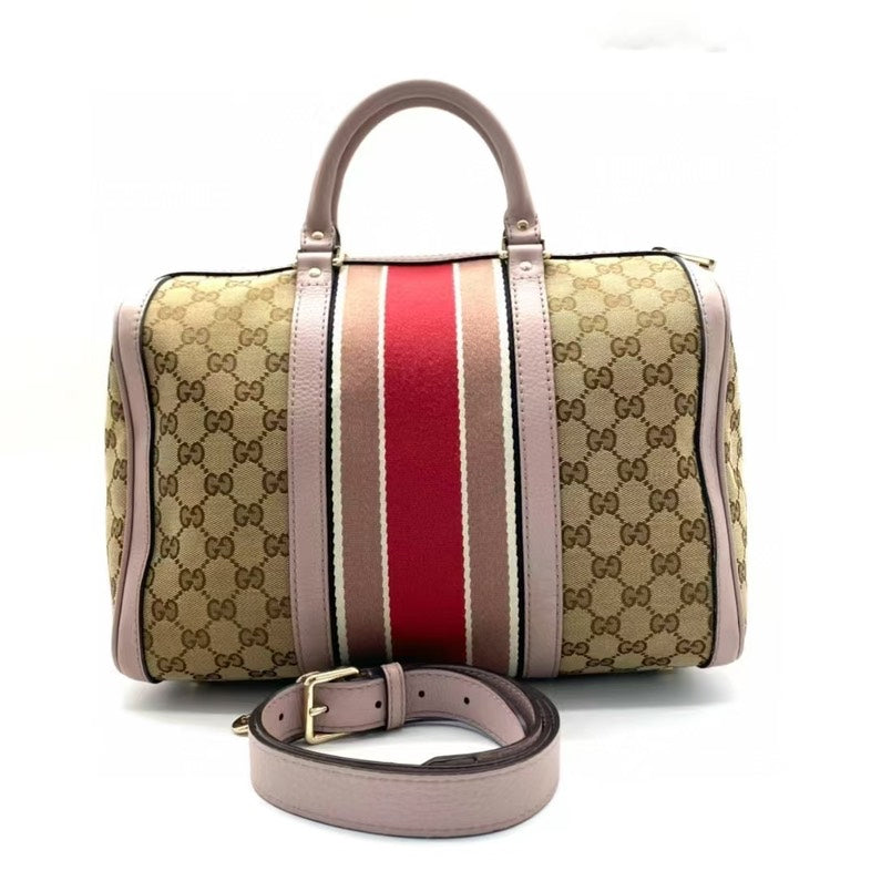 Gucci Beige Stripe Canvas Pink Leather Two-Way Boston Bag Medium