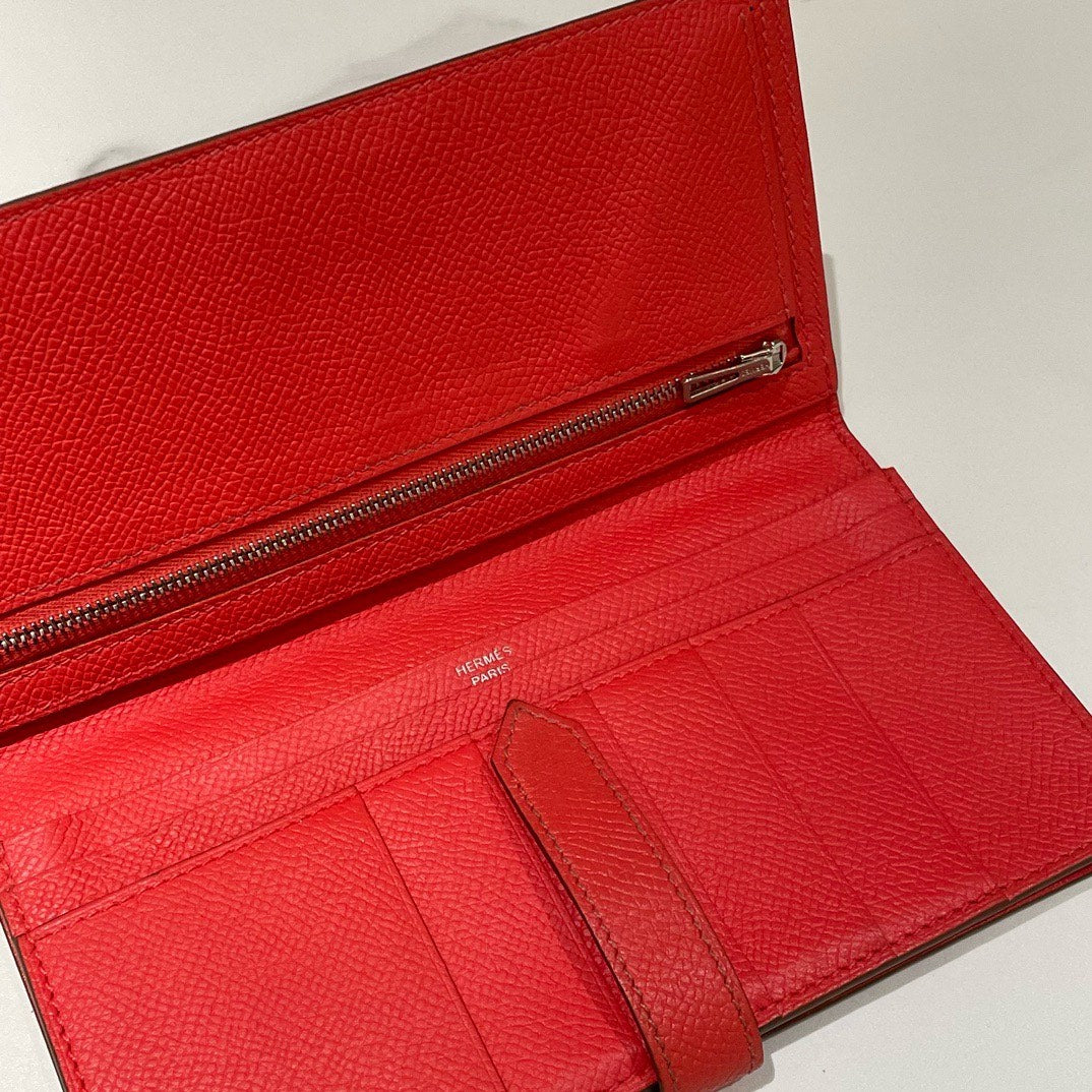 Hermes Bearn Red Leather Wallet Square P 2012