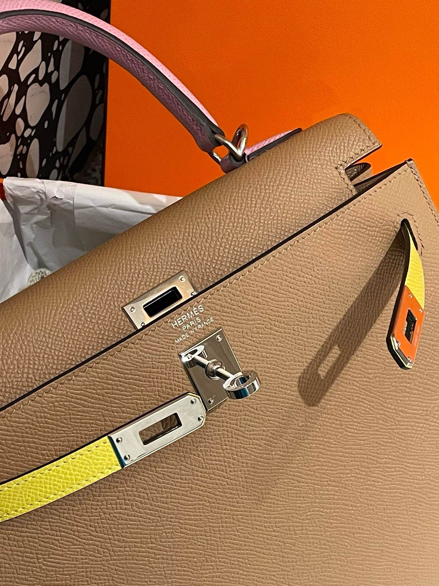 Hermes Kelly 25 Epsom Leather Tricolor Tan Pink Yellow Handbag