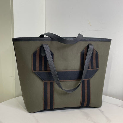 Hermes Cabas Canvas Leather Green Tote Bag Large