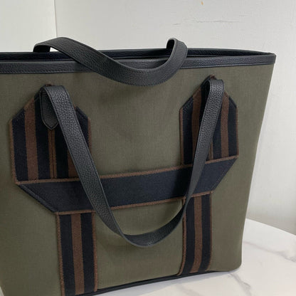 Hermes Cabas Canvas Leather Green Tote Bag Large