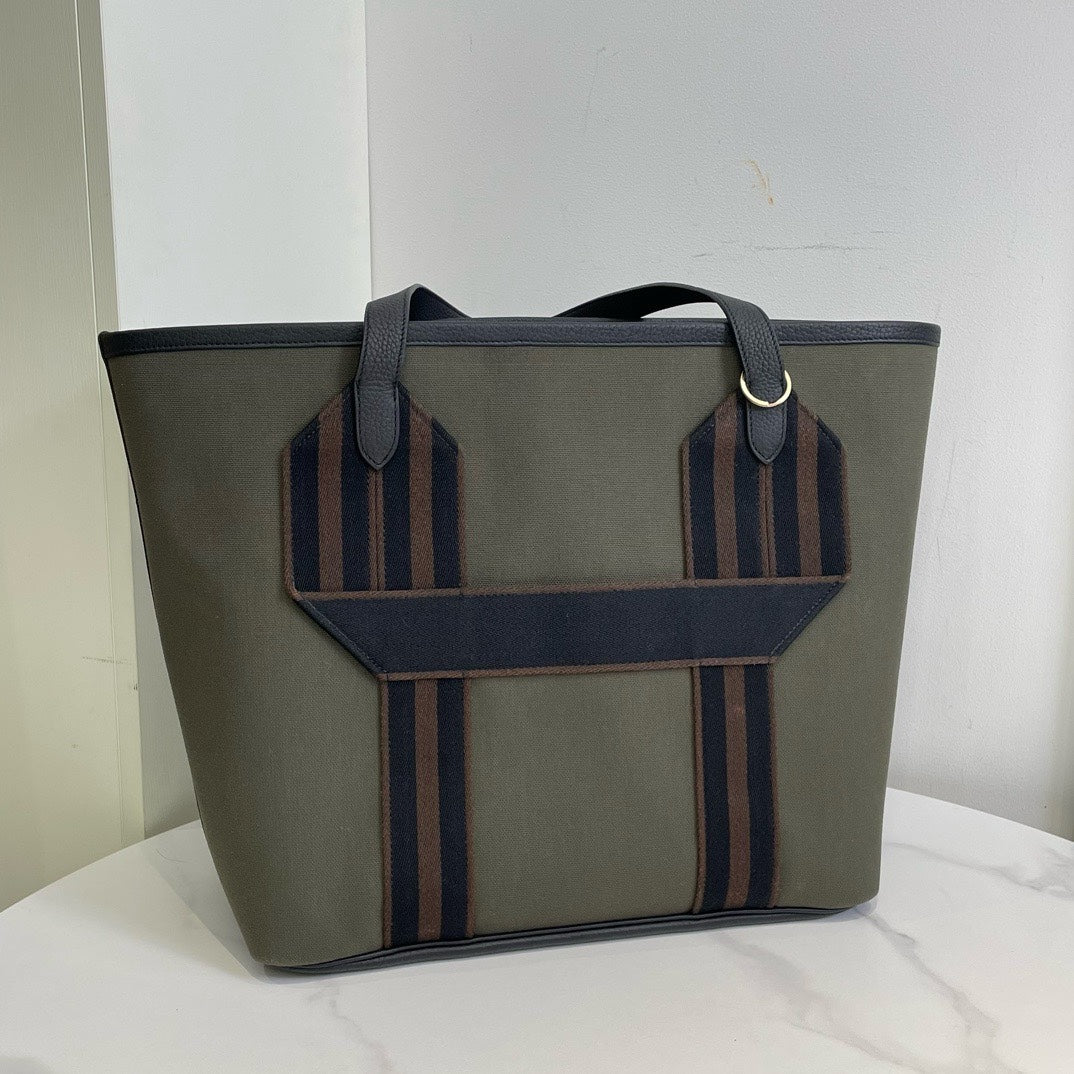 Hermes Cabas Canvas Leather Green Tote Bag Large